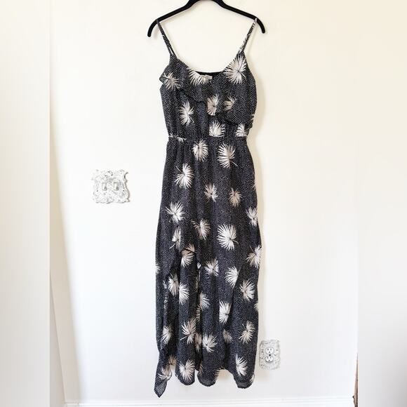 NWOT Billabong Black and White Palm Leaf Floral Ruffle Slit Maxi Sundress L - Picture 1 of 8
